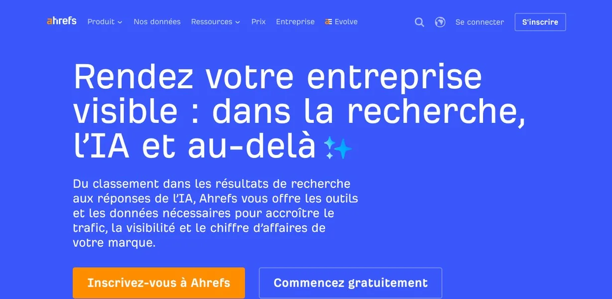 Ahrefs home page, tools for analysing inbound links, mentions of a restaurant or cosmetics brand and its visibility in AI