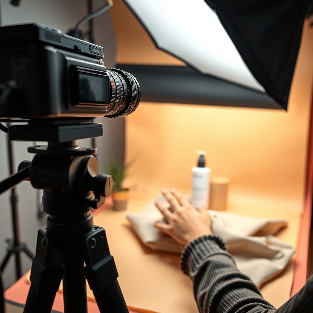 Tournage vertical en studio pour une marque : caméra sur trépied en cadrage 9:16, produit posé sur fond coloré