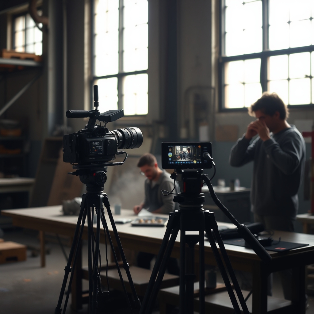 Tournage vidéo vertical dans un atelier de production en région, caméra sur trépied face à un poste de travail