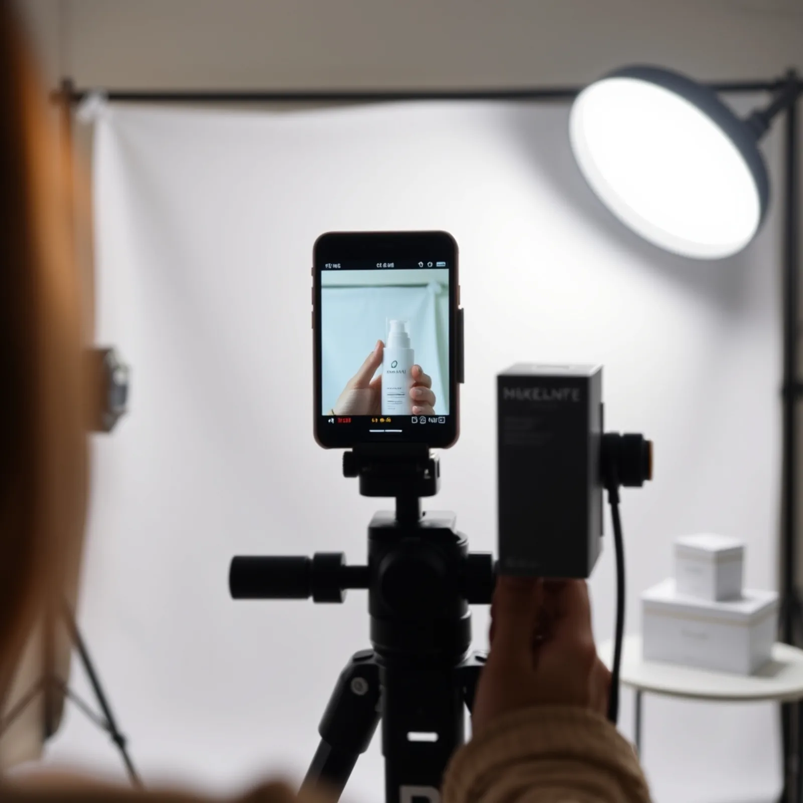 スタジオでのUGC商品動画の縦型撮影。スマートフォンを三脚に載せ、LED照明を使用