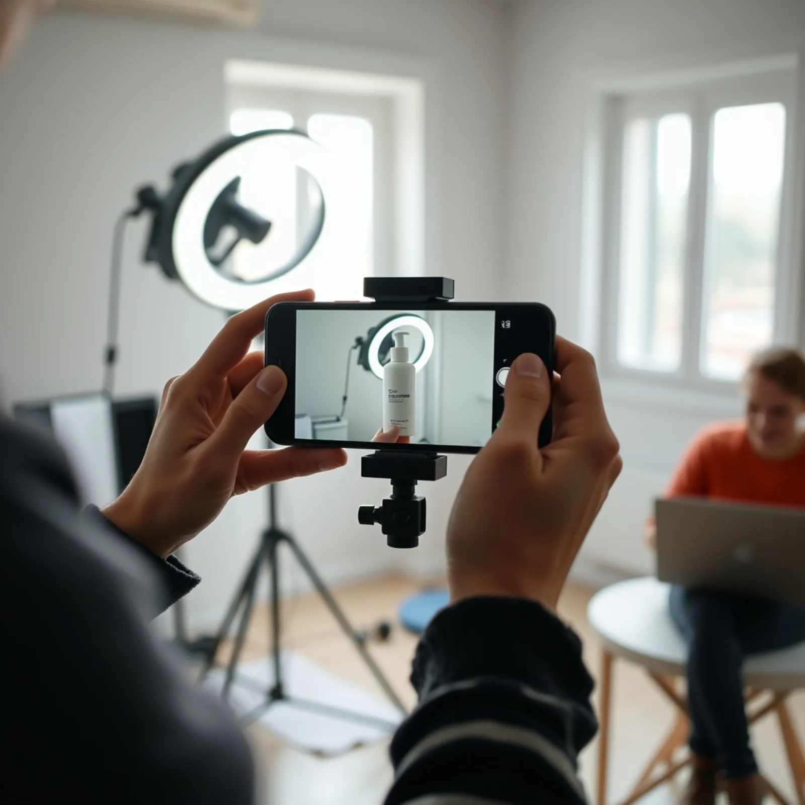 Rodaje de vídeo vertical UGC en estudio con smartphone sobre trípode e iluminación continua