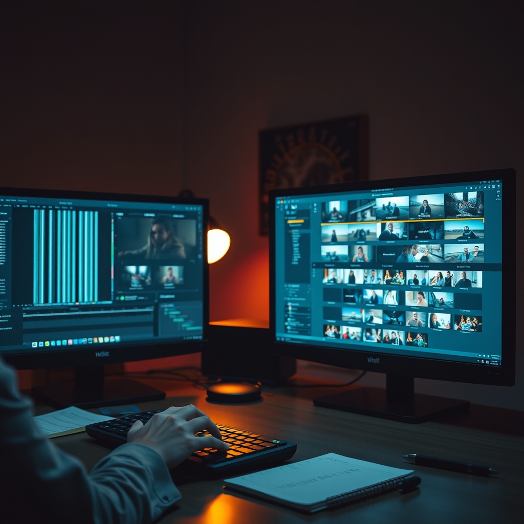 Poste de montage avec timeline verticale et plusieurs variantes de hooks publicitaires