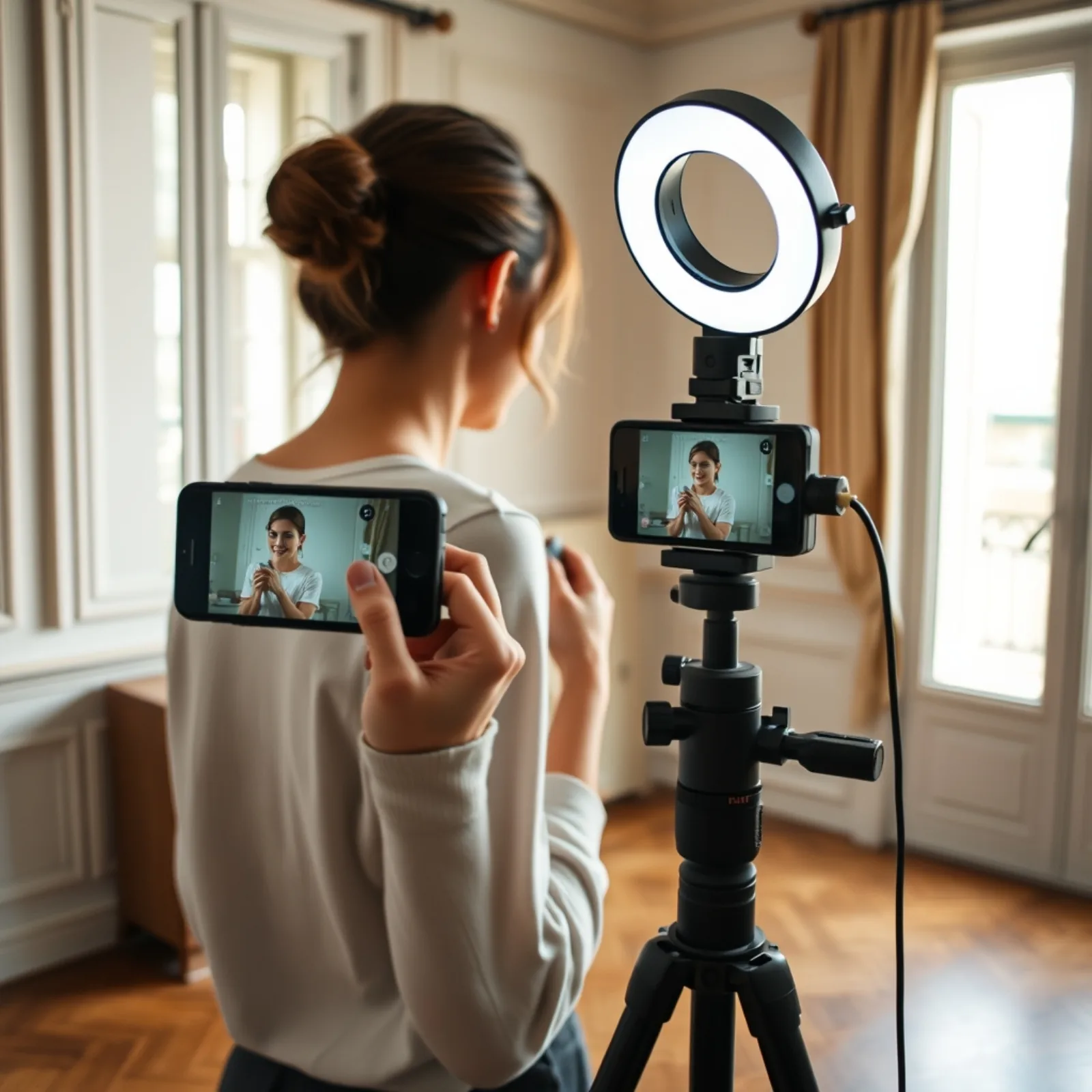Rodaje de un vídeo vertical UGC en un piso parisino, creadora grabada con smartphone sobre un trípode