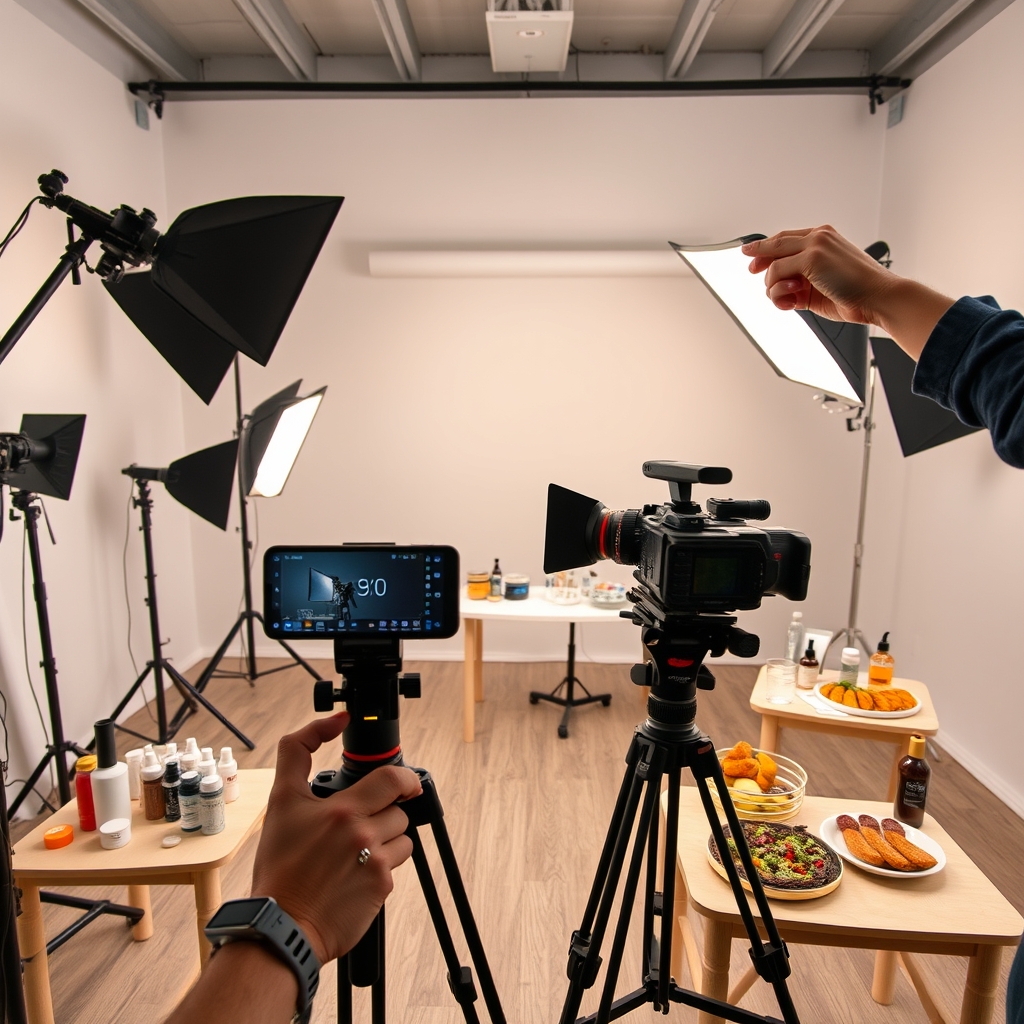 Tournage batch de vidéos verticales e-commerce en studio, produits alignés sur plusieurs setups lumière