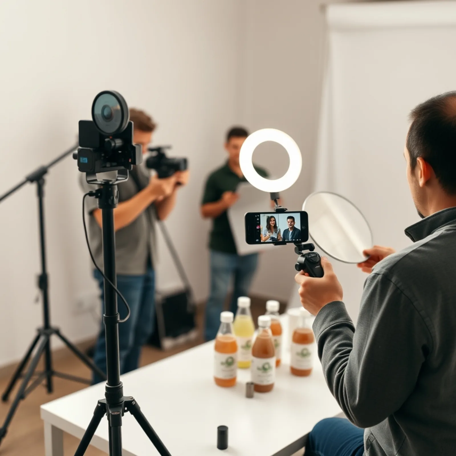 Production crew filming a vertical TikTok video in a studio with a smartphone on a tripod