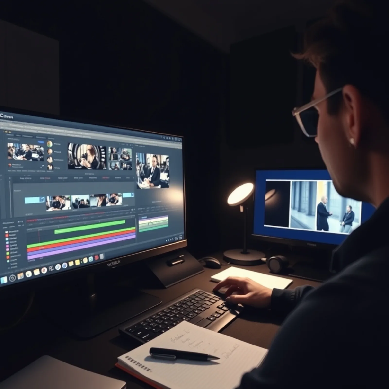 Vertical video editor working on the cut of an Instagram Reel on a dual screen