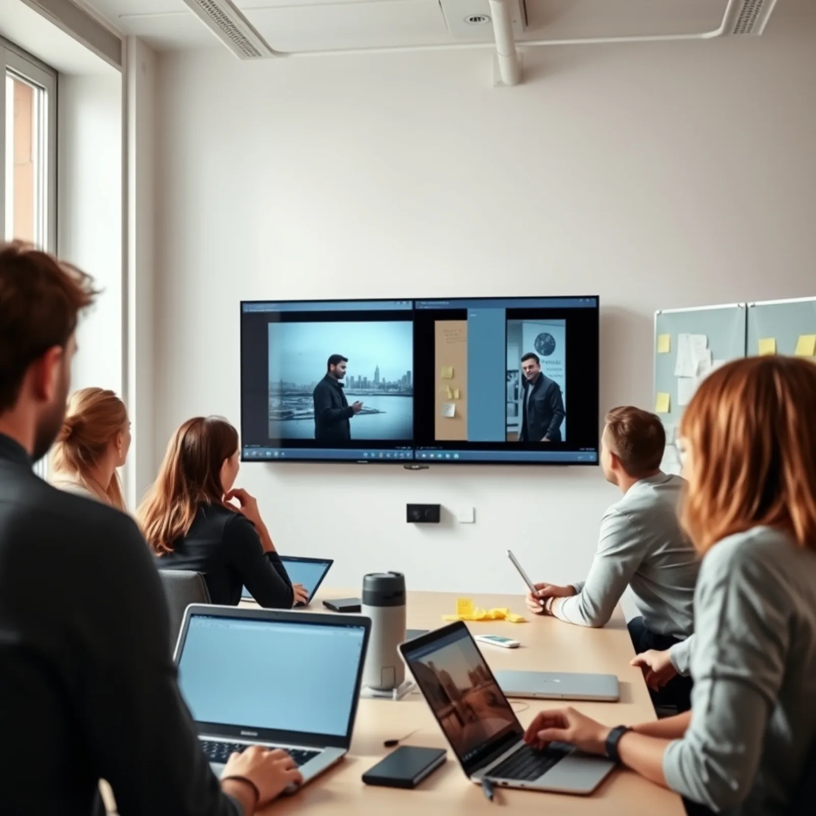 Creative team comparing the performance of several versions of a Reel on a screen in a meeting room