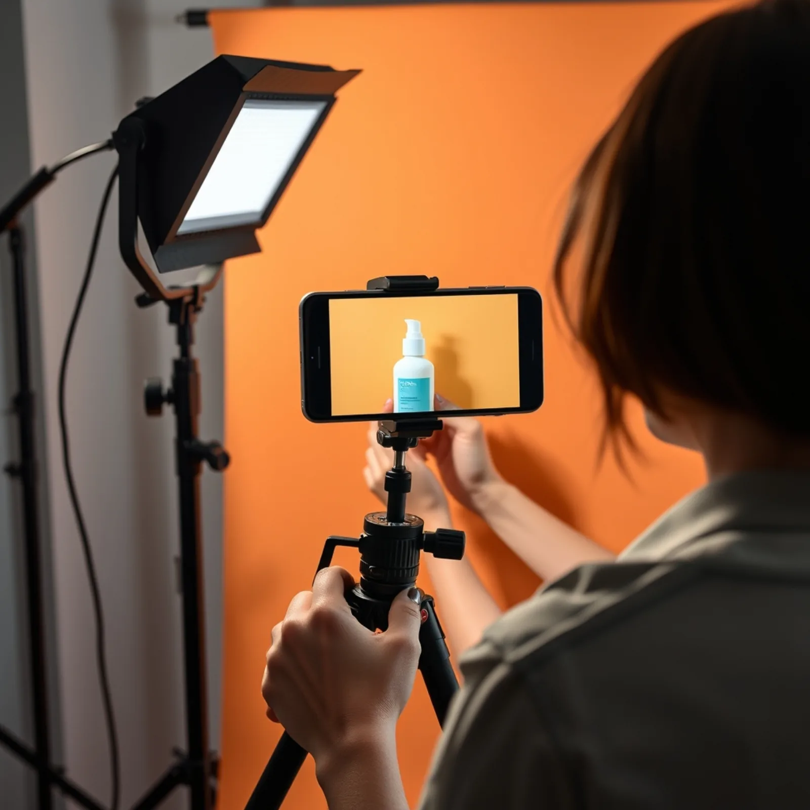 Rodaje vertical en estudio con smartphone sobre trípode, iluminación LED y producto cosmético sobre fondo de color