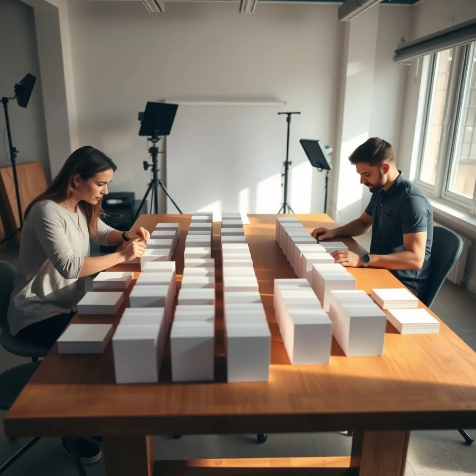Equipo creativo clasificando fichas de ángulos sobre una mesa de estudio junto a un rig de smartphone vertical