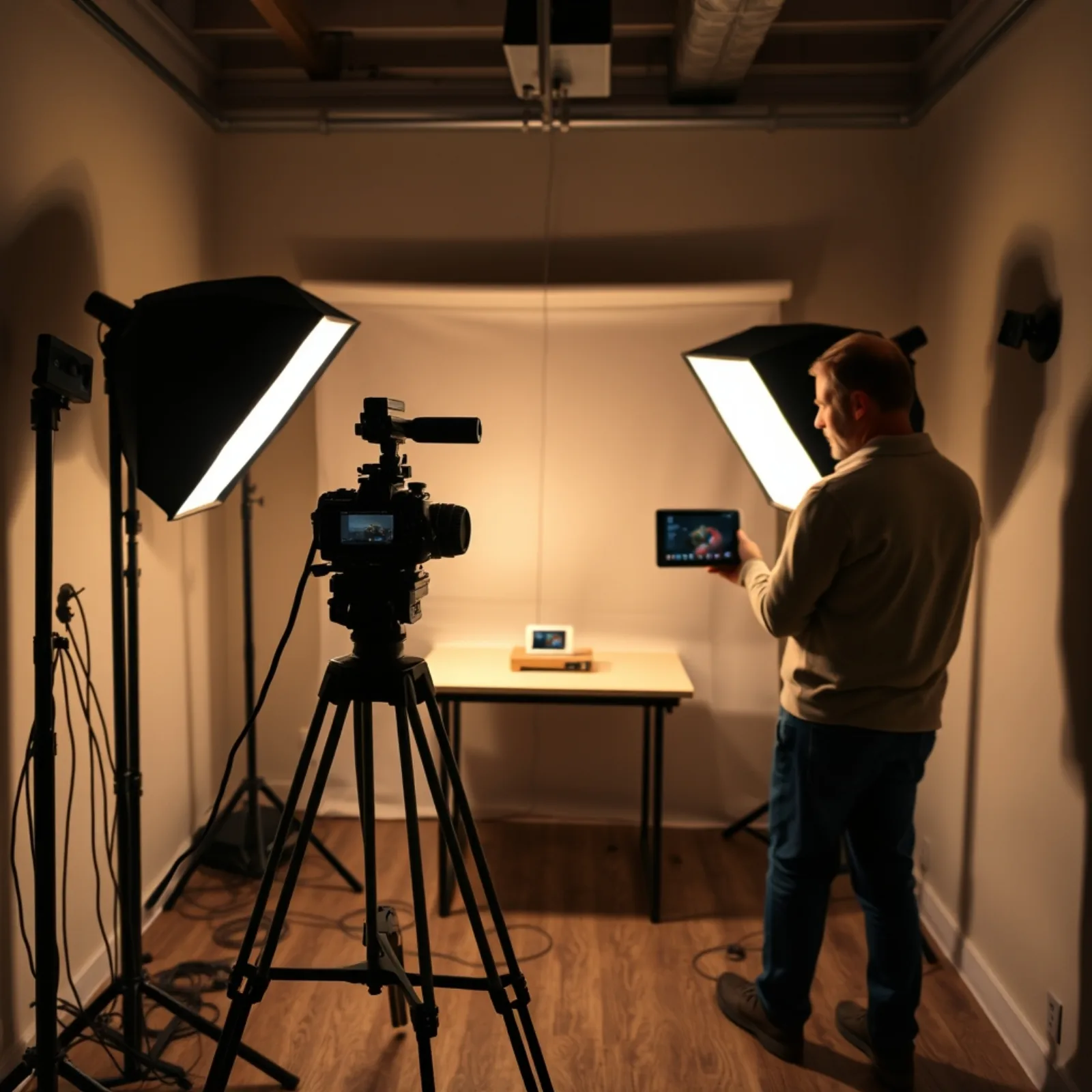 Rodaje vertical en estudio: cámara sobre trípode encuadrando un plano de producto, iluminación LED y operador ante el monitor