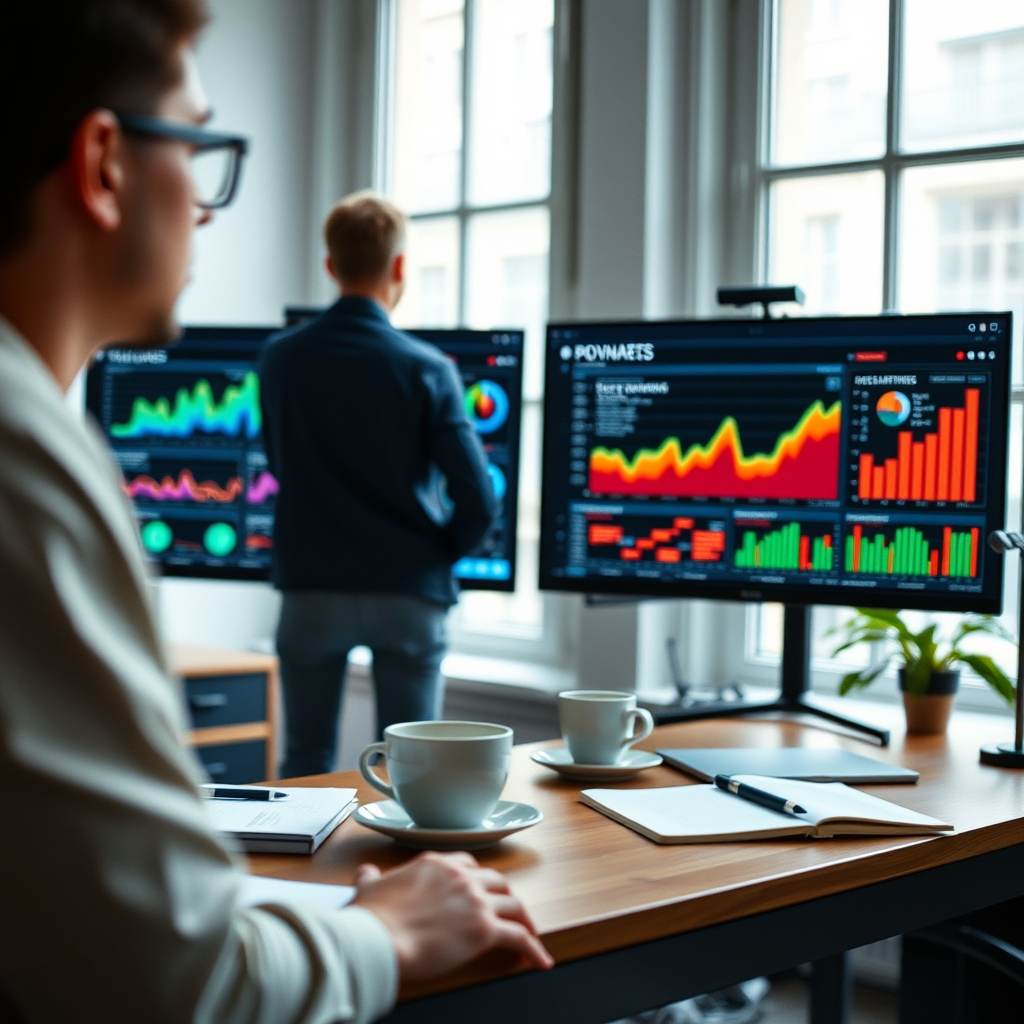 Équipe média analysant côte à côte deux tableaux de bord publicitaires dans un bureau parisien