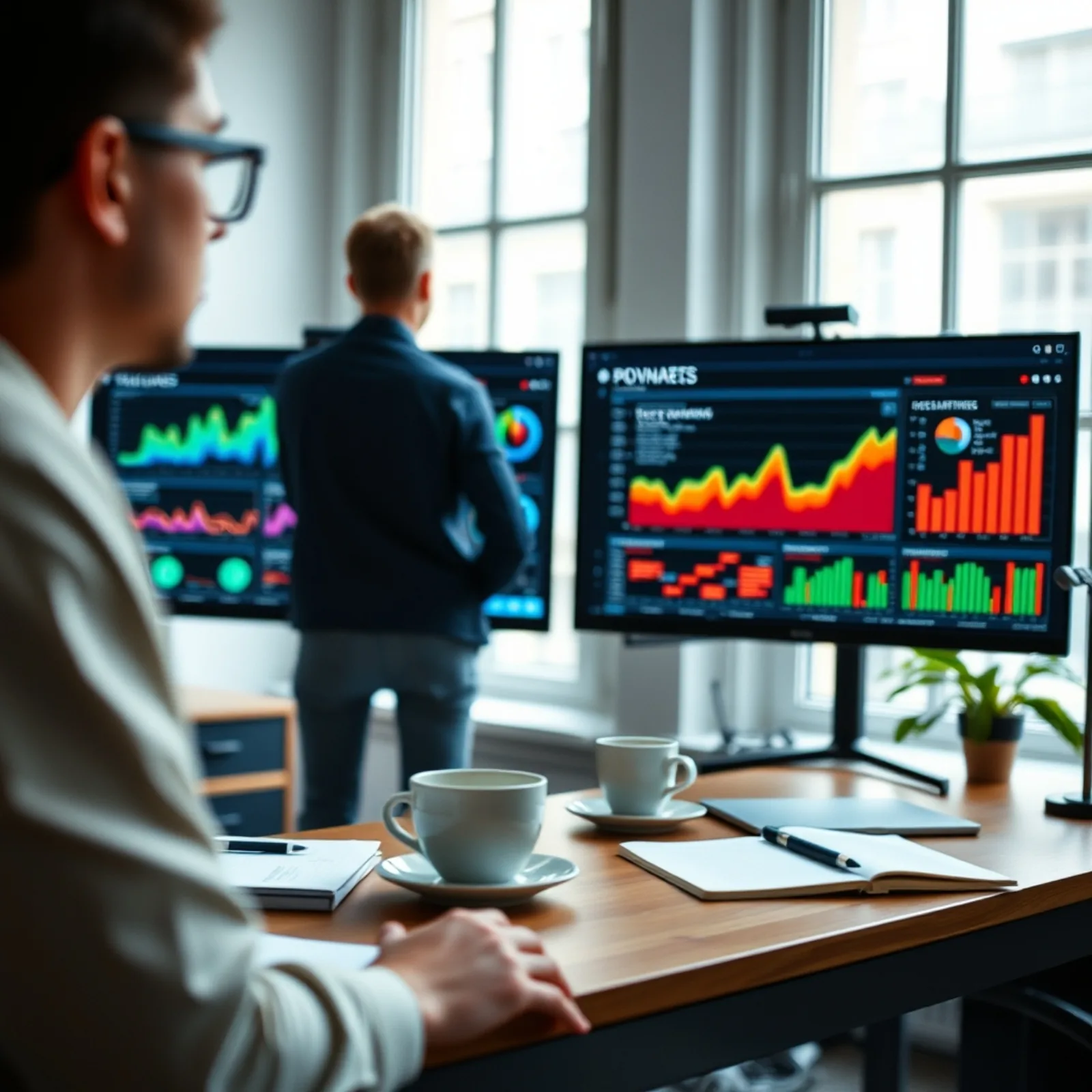 Media team analysing two advertising dashboards side by side in a Paris office