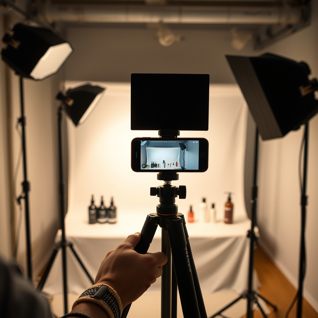 Tournage de vidéo verticale en studio avec smartphone sur trépied et éclairage LED
