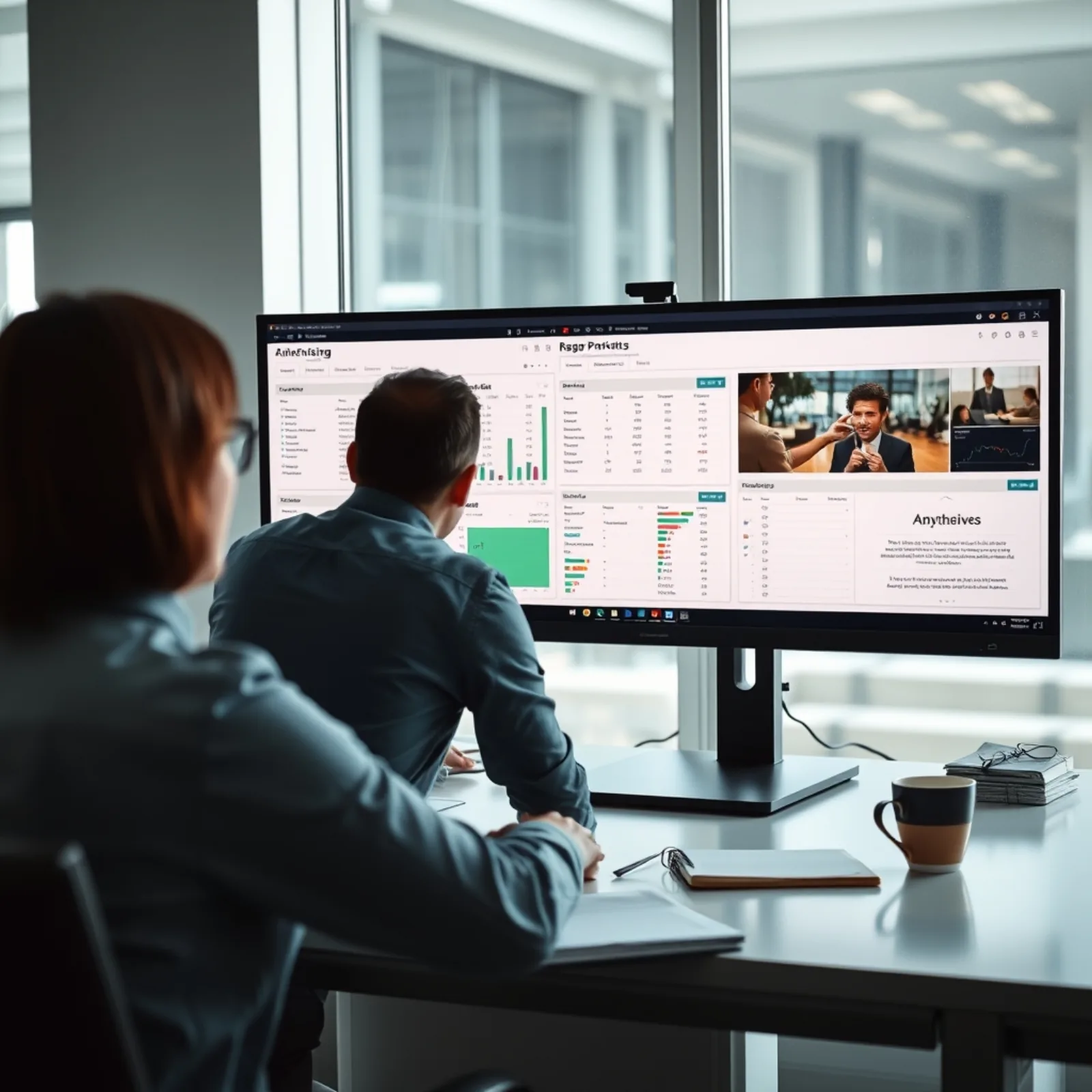 Equipo de marketing analizando en pantalla exportaciones de campañas de vídeo durante una auditoría de agencia