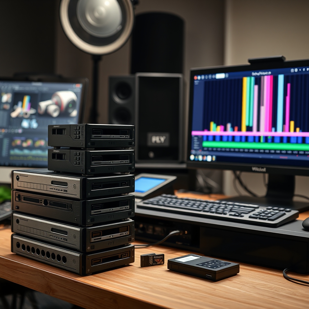Disque dur de rushes et poste de montage vidéo vertical dans un studio de production