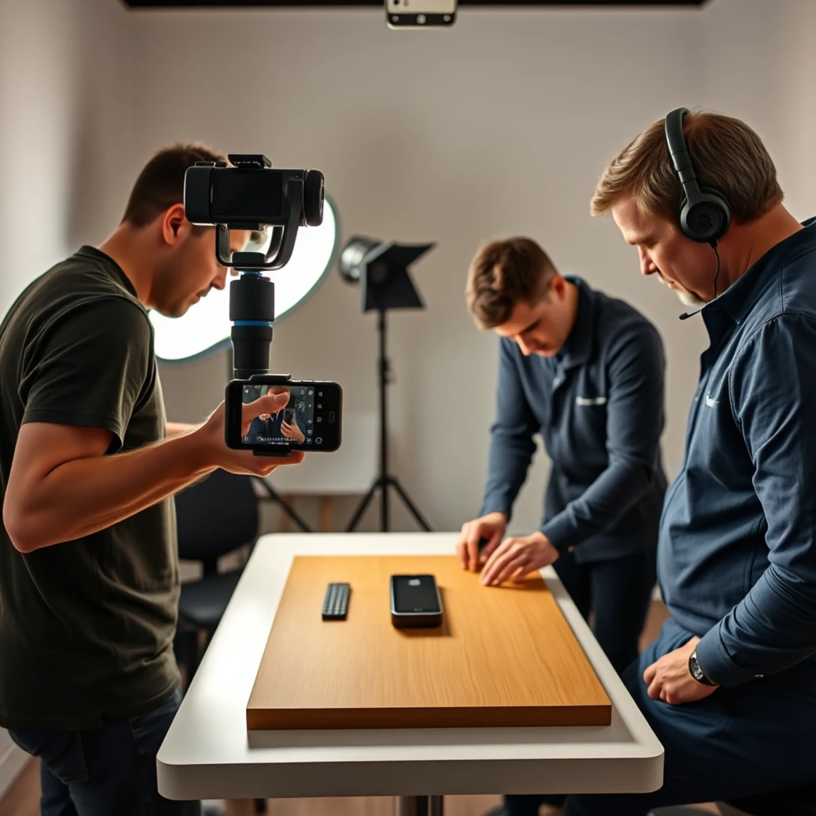 Equipo de producción de vídeo vertical rodando varias variantes de hooks en un estudio