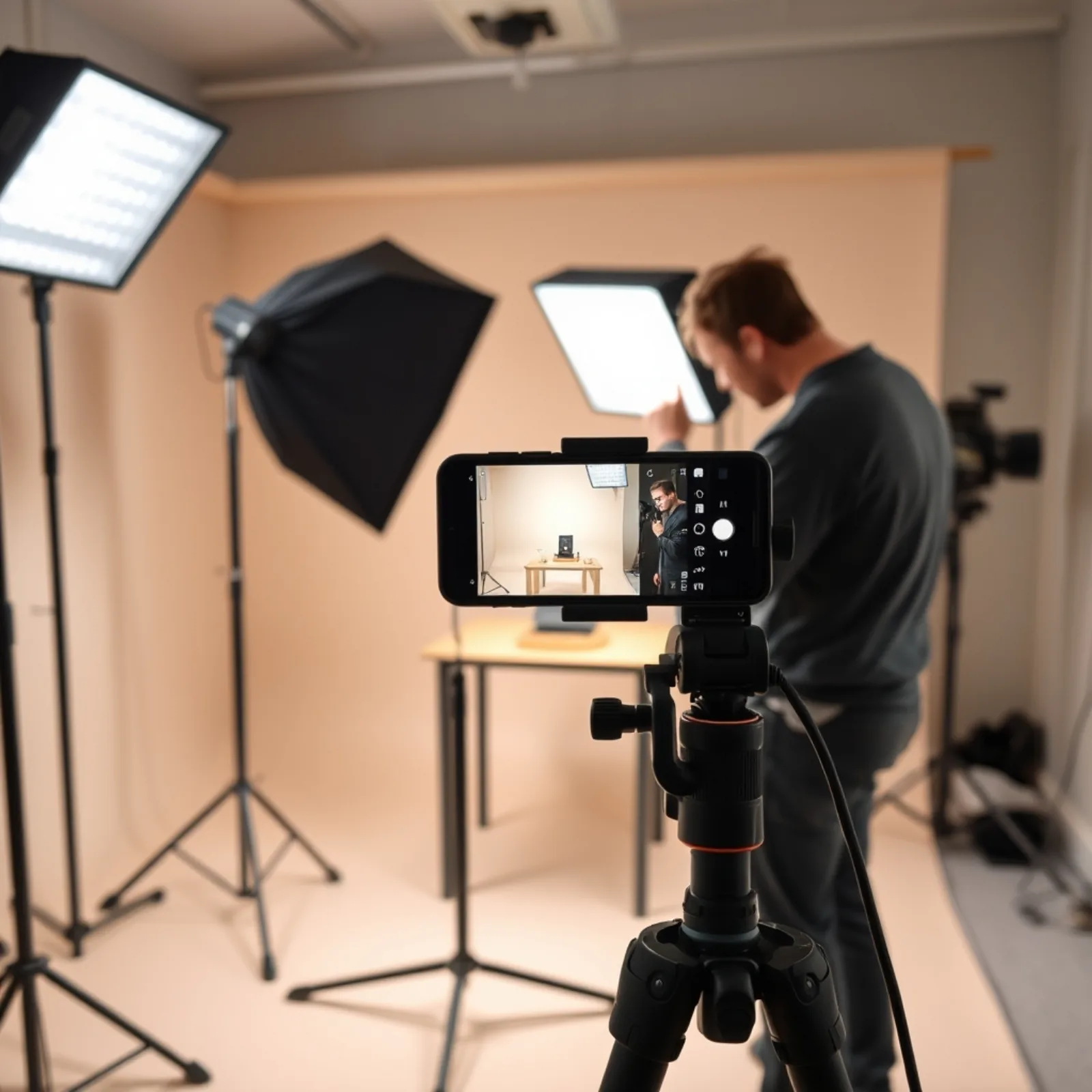 Equipo de producción de vídeo vertical en un rodaje en estudio con un smartphone en un trípode e iluminación LED