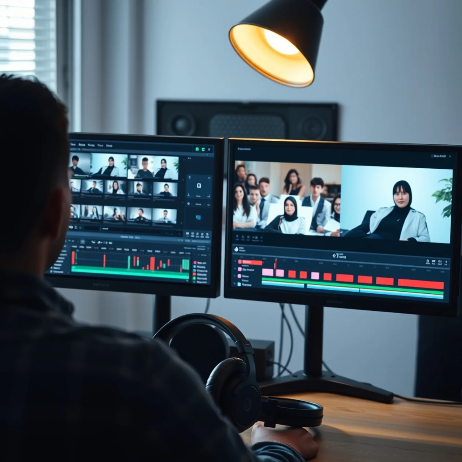 Montador de vídeo trabajando en un batch de creatividades verticales mostradas en dos pantallas