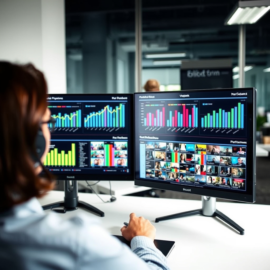 Creative strategist analysant les performances de créatives publicitaires verticales sur deux écrans