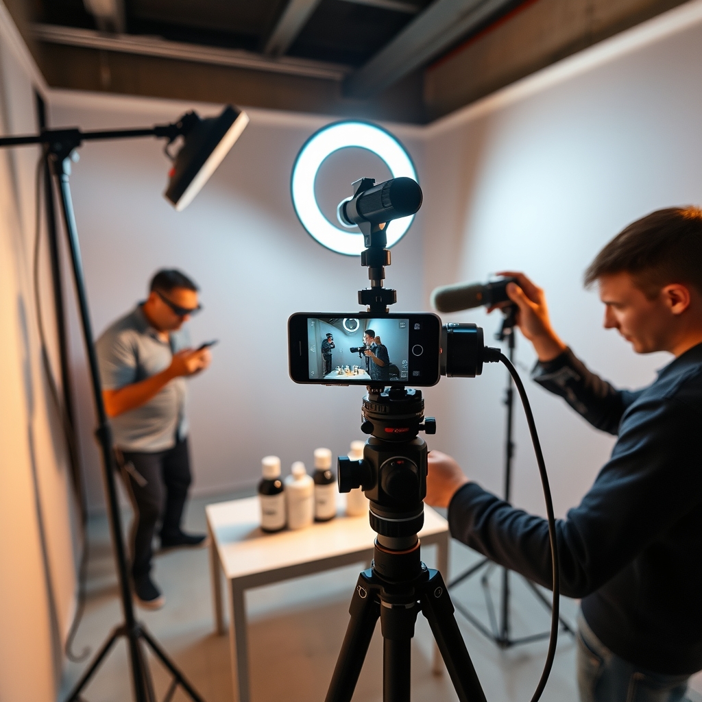 Tournage de vidéos verticales en studio avec smartphone sur trépied et éclairage LED