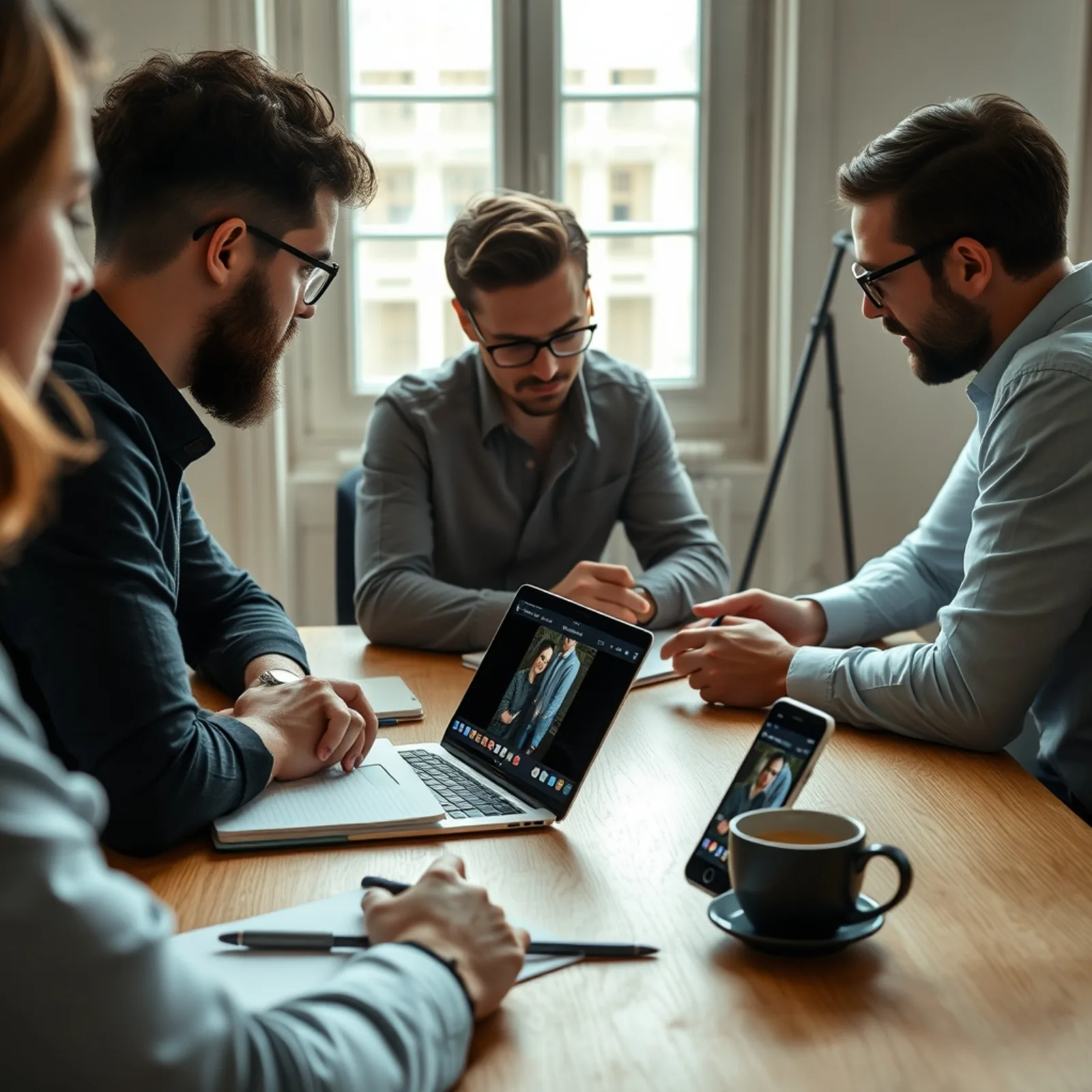 Creative team comparing variants of vertical videos on a computer and smartphones