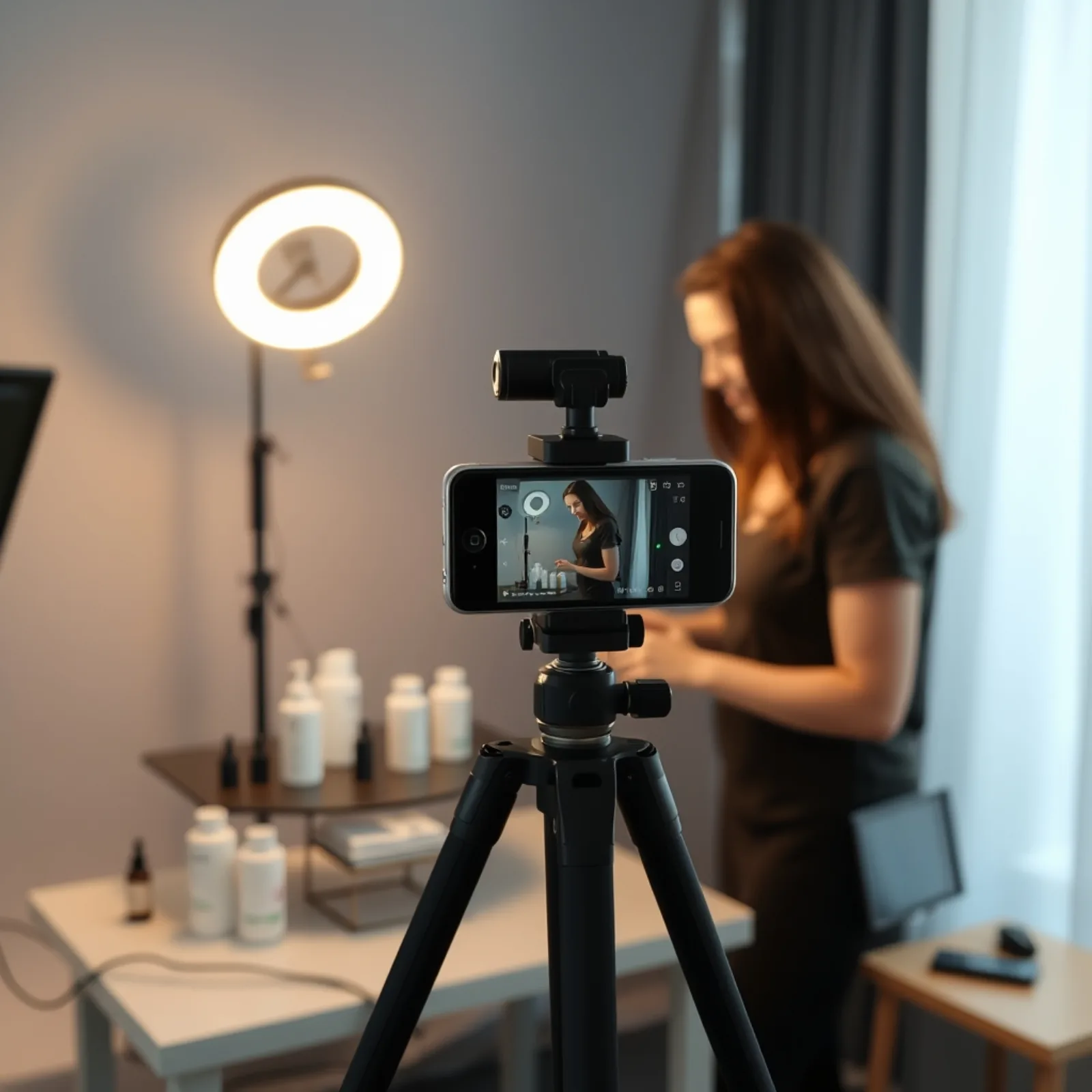 Vertical video shoot in a studio with a smartphone on a tripod and ring light