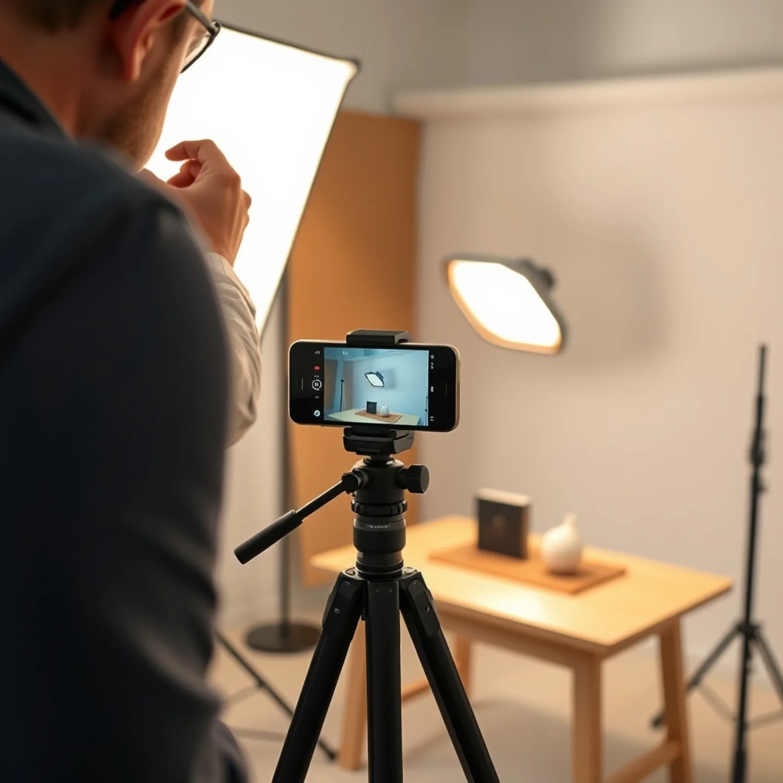Vertical video shoot in a studio with a smartphone on a tripod and LED lighting