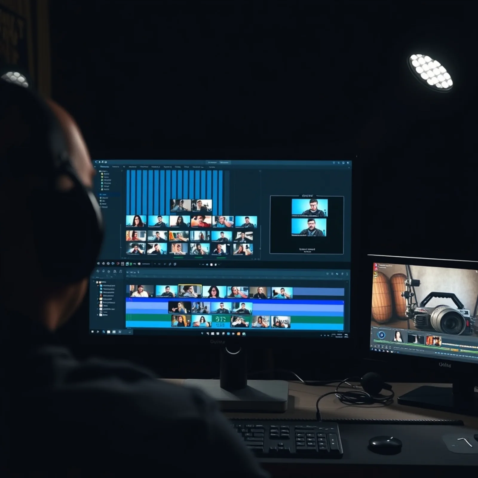 Vertical video editing station with timeline and format variations on screen