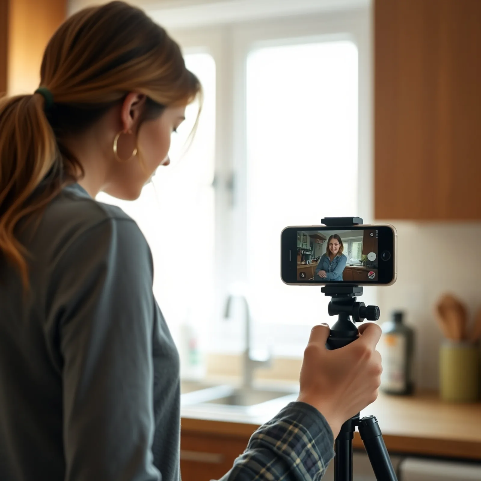 Creadora UGC grabando una toma de prueba con su smartphone sobre un trípode en su cocina
