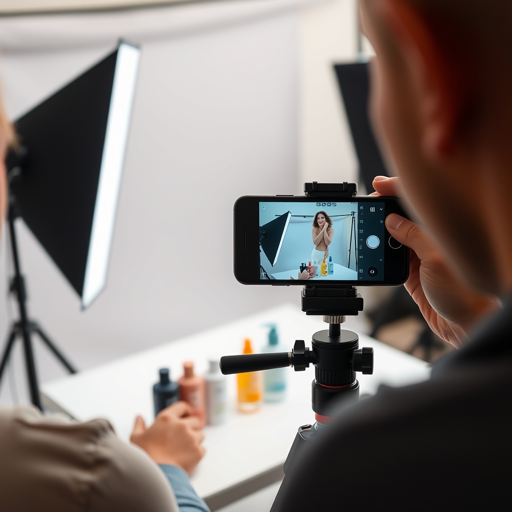 Tournage vertical d'une créative publicitaire TikTok en studio, smartphone sur trépied et éclairage LED