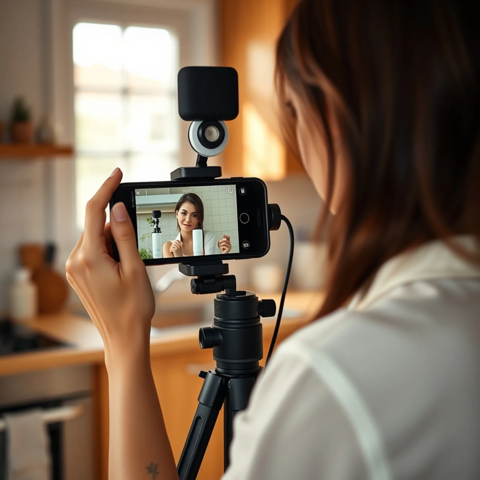 Creadora UGC grabando un producto con el smartphone sobre un trípode en una cocina luminosa