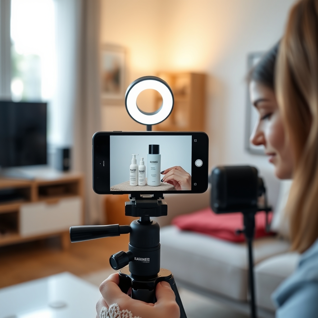 Créatrice UGC filmant un produit au smartphone sur trépied dans un salon, éclairage LED
