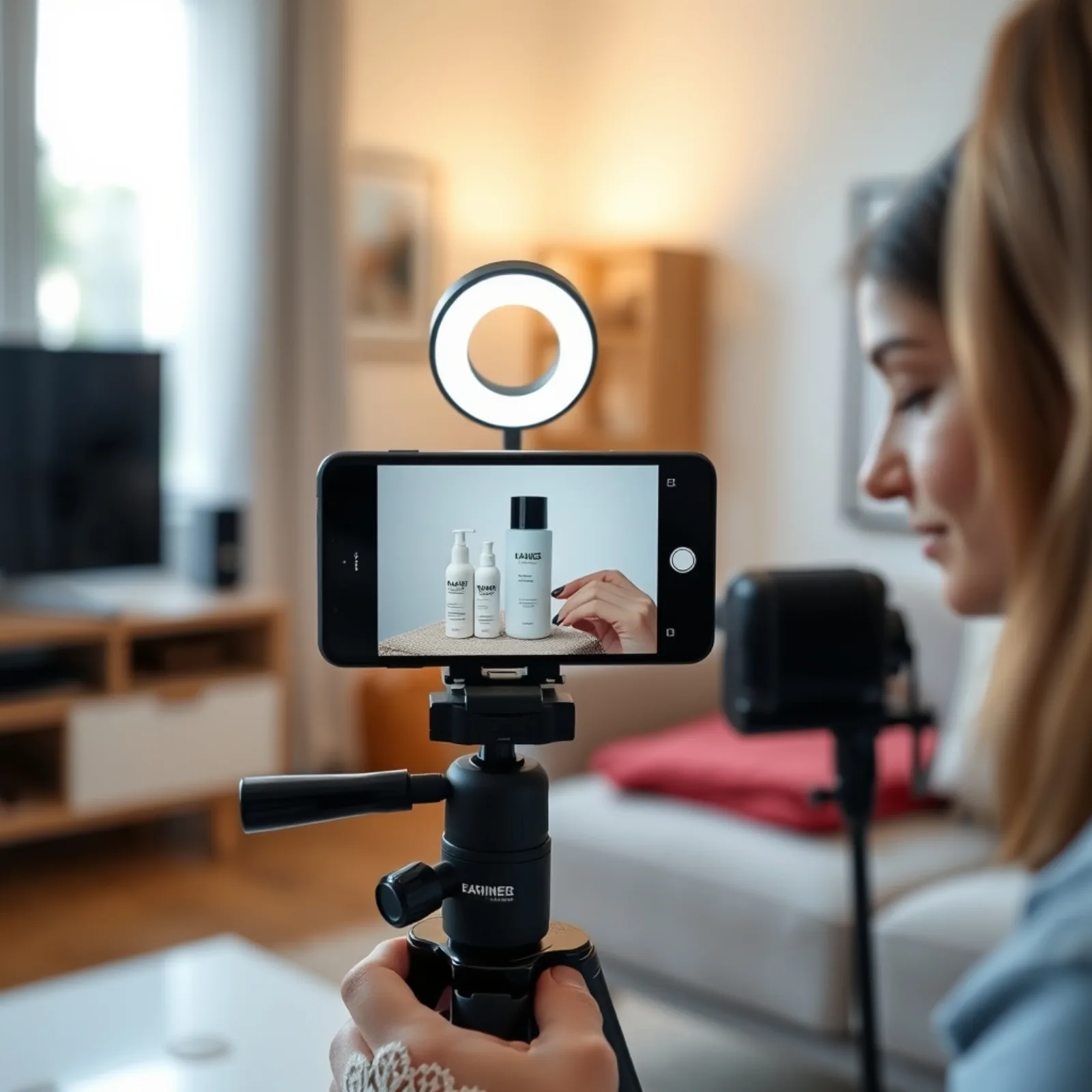 リビングで三脚に立てたスマートフォンで商品を撮影するUGCクリエイター、LEDライト付き