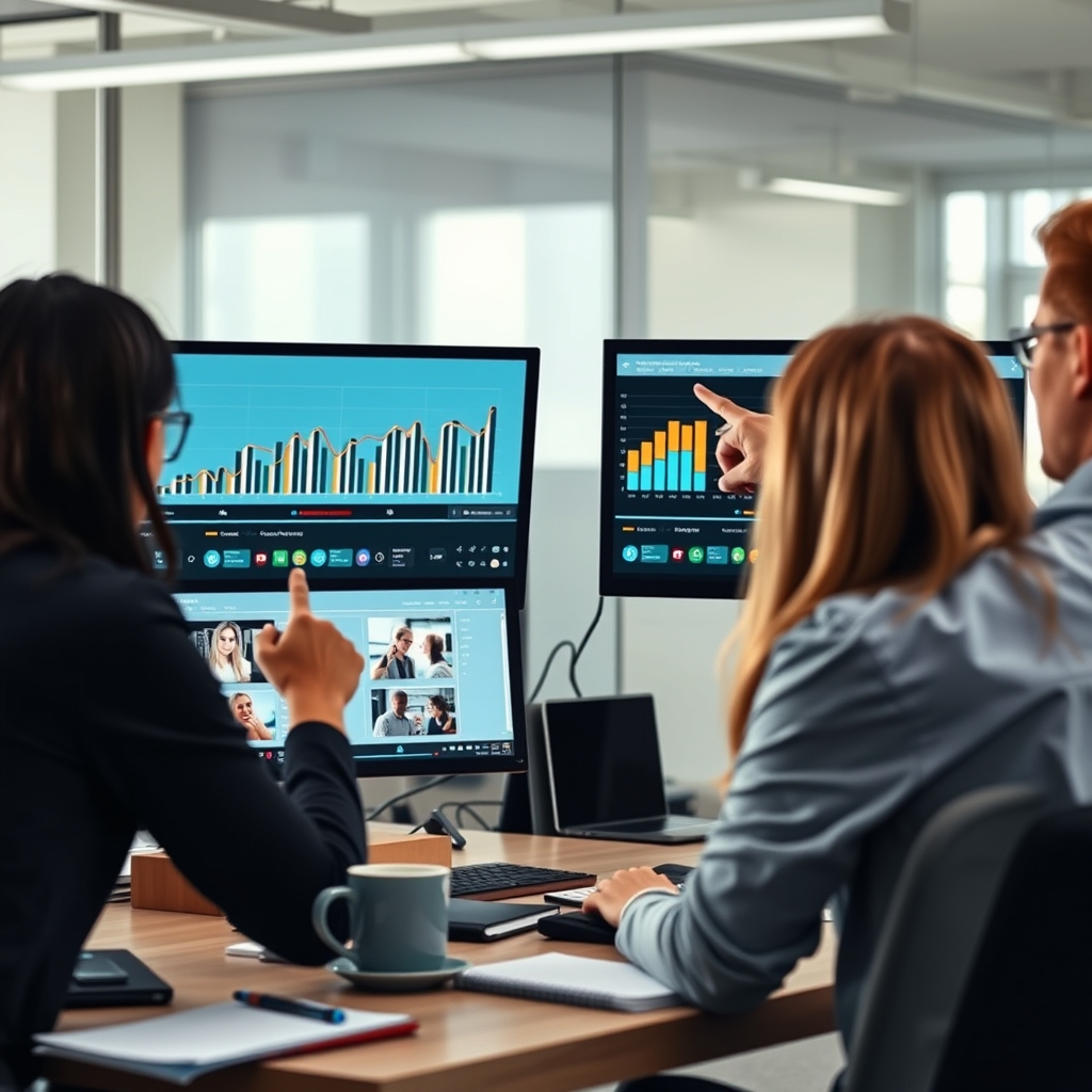 Équipe créative analysant des vidéos verticales et des courbes de performance sur deux écrans en open space
