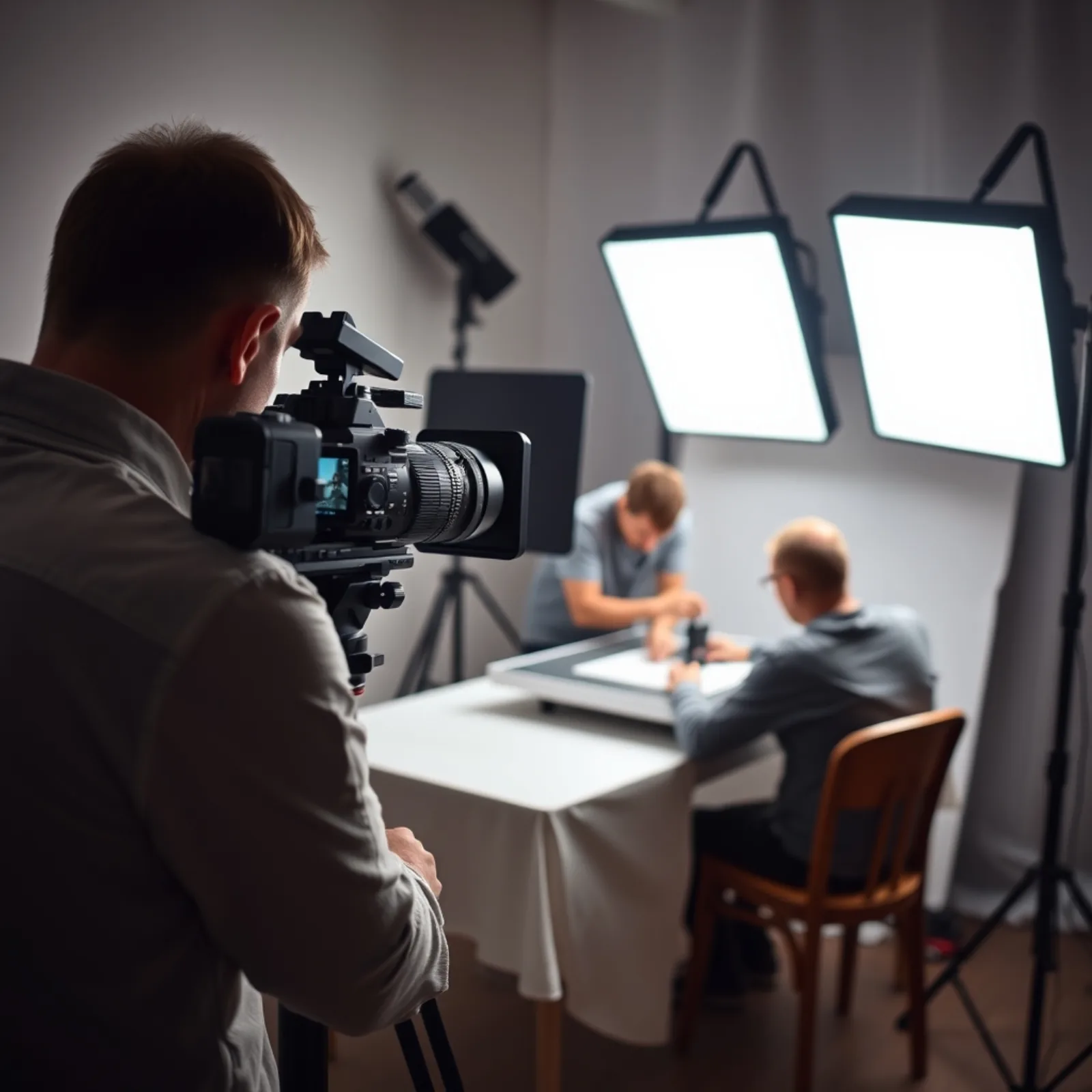Equipo de rodaje de vídeo vertical en un estudio, cámara sobre trípode e iluminación LED alrededor de un producto