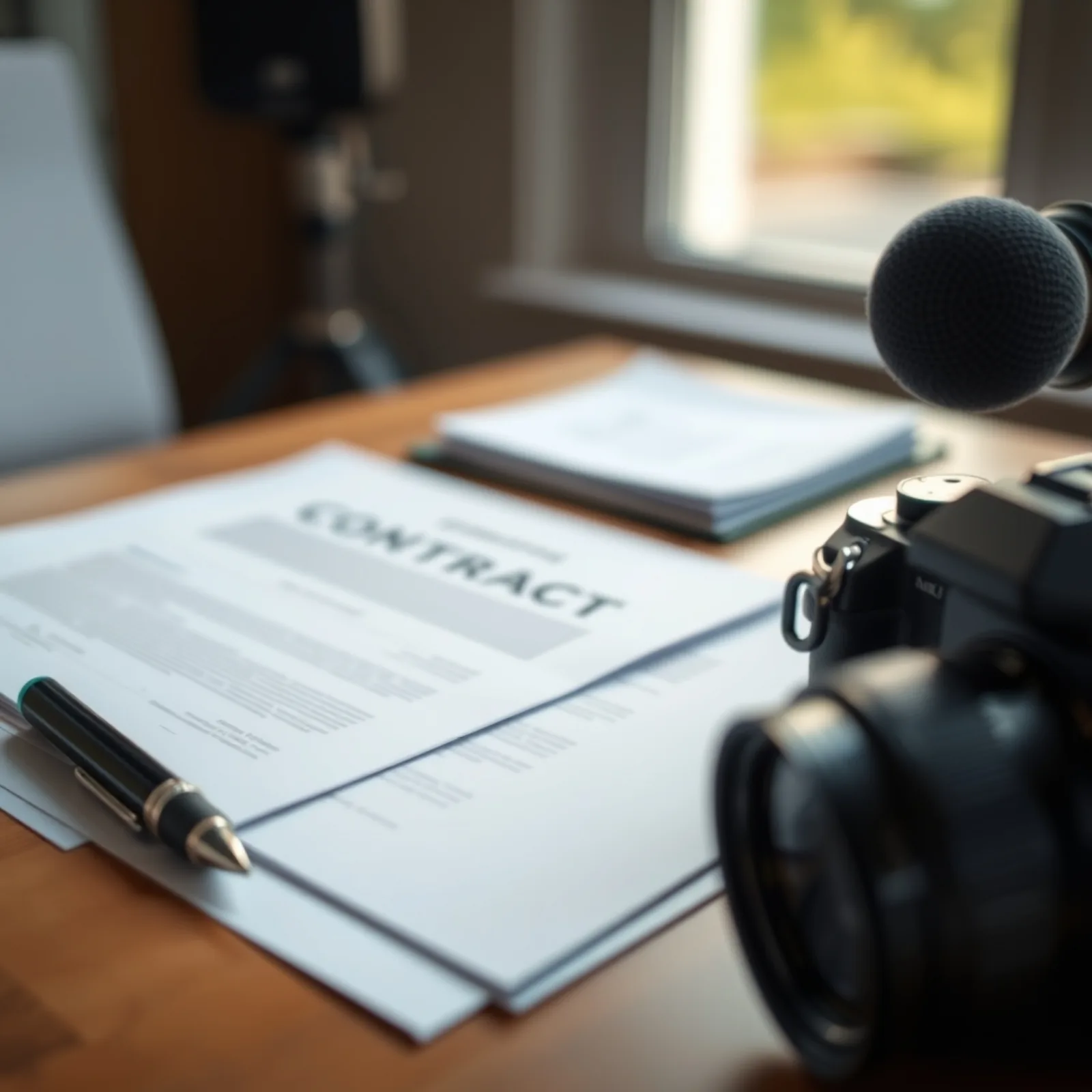 Contract document and shooting equipment laid out on a production table