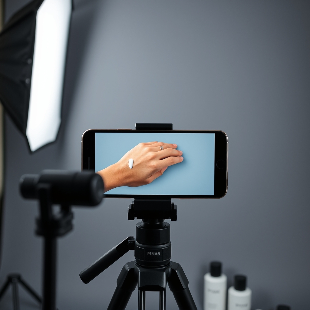 Plateau de tournage macro pour une démonstration de texture cosmétique en vidéo verticale