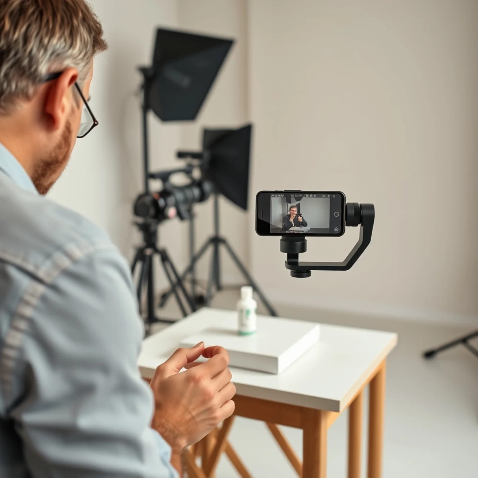 Shoot crew filming a product in vertical format in a small studio