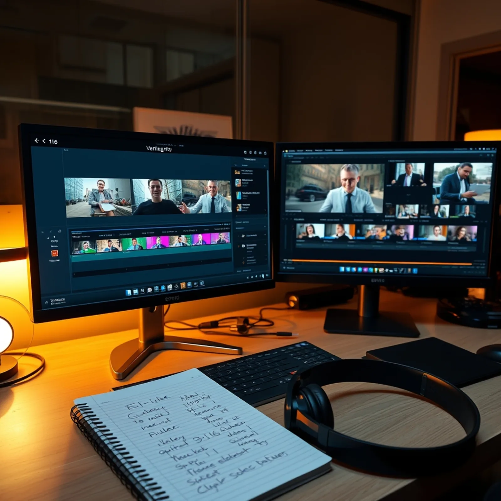 Video editing station with several vertical versions of the same ad on the timeline