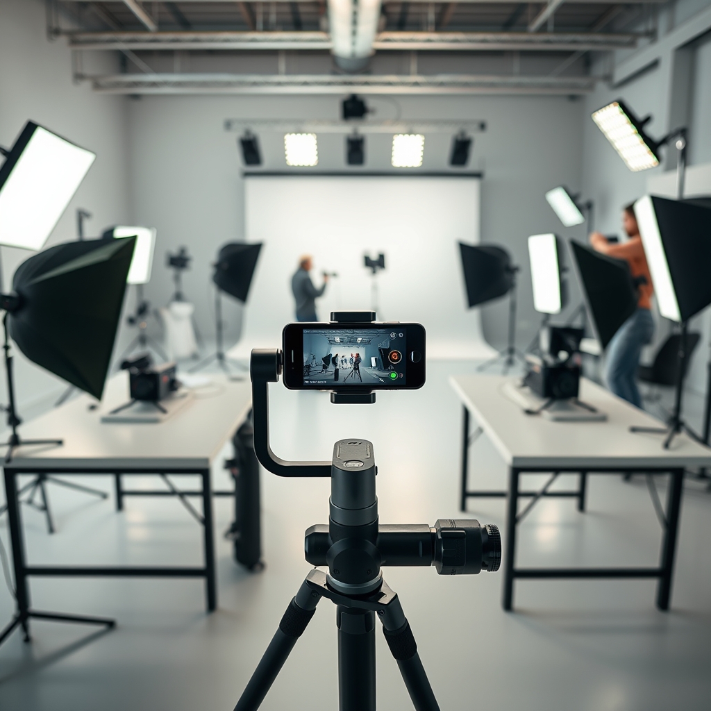 Plateau de tournage vertical avec plusieurs setups produit alignés pour un batch de créatives