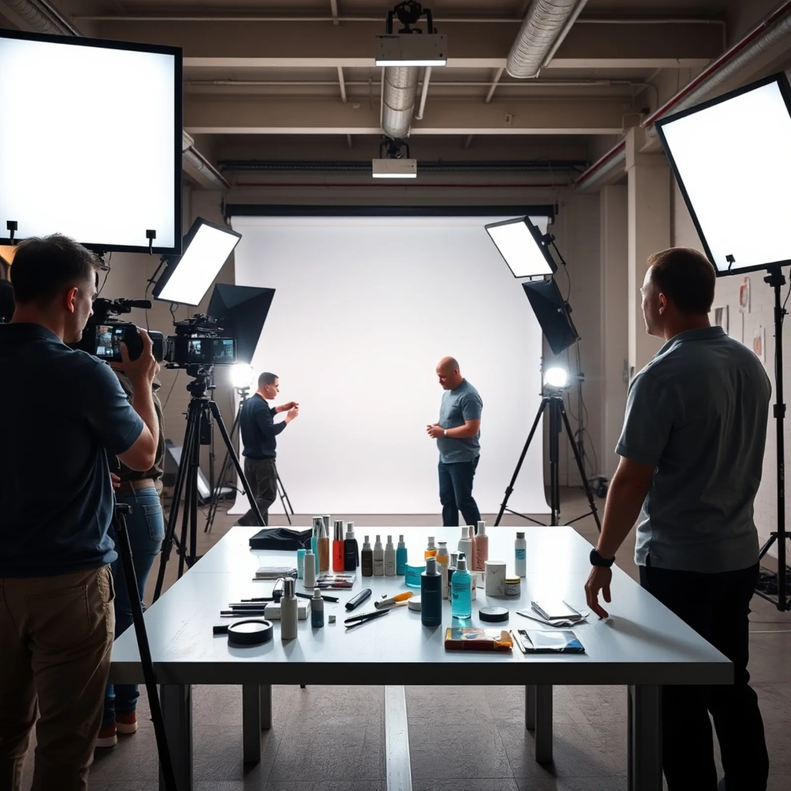 Equipo de producción de vídeo vertical en una sesión por lotes, varios montajes de rodaje en paralelo