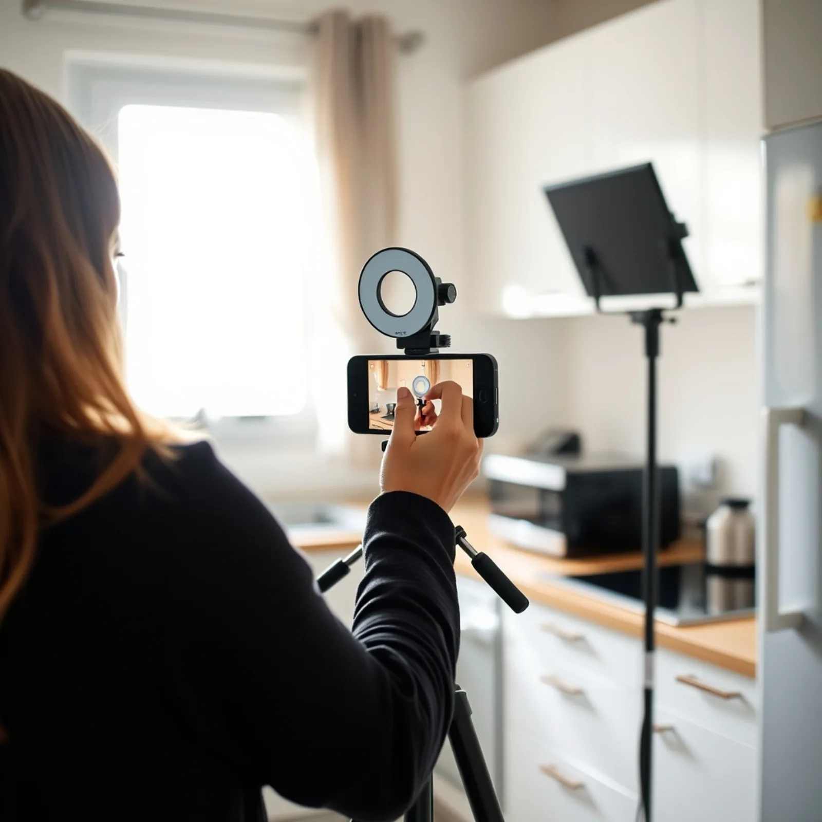 Creadora UGC grabando un producto con el smartphone sobre un trípode con iluminación LED