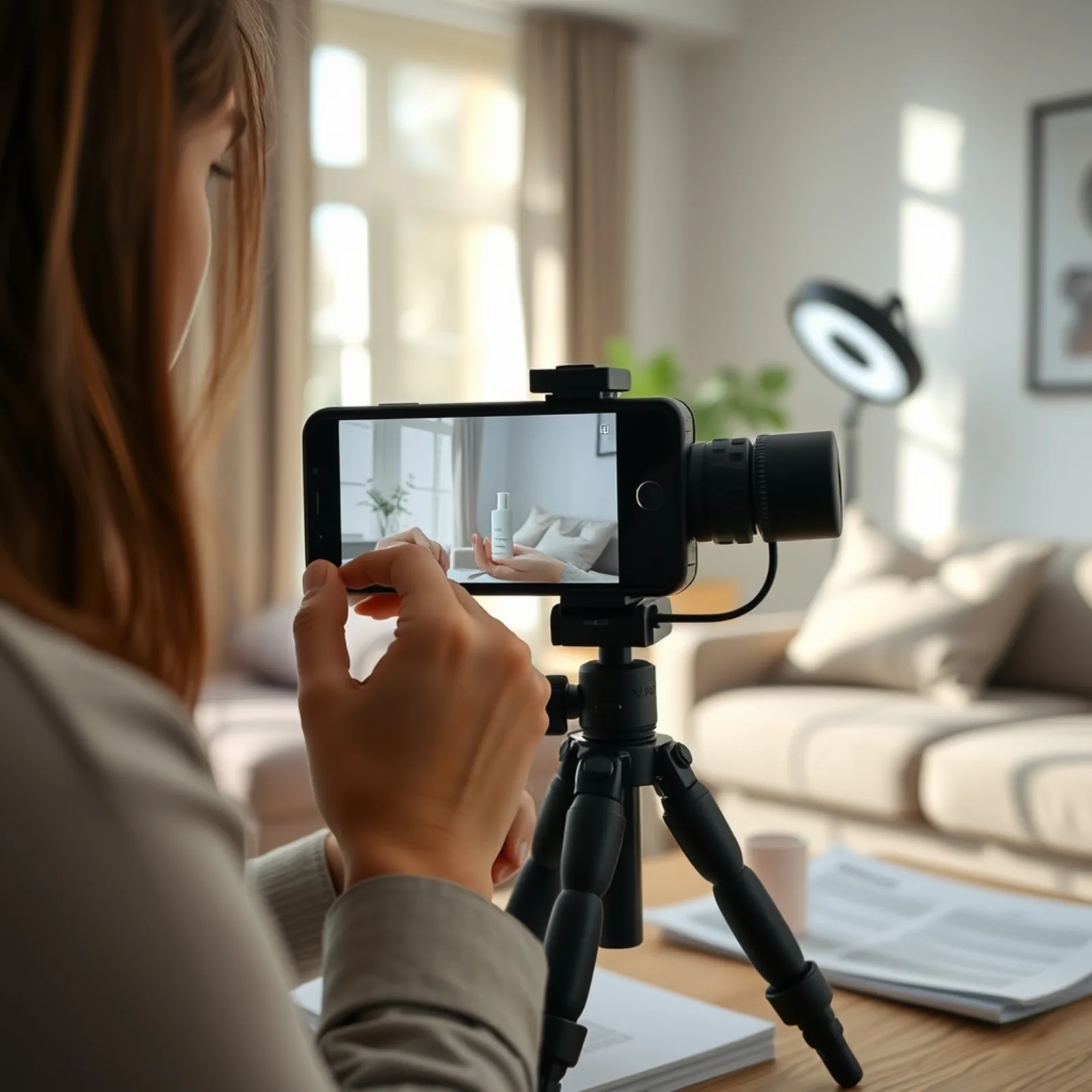 Creadora UGC filmando un producto con el smartphone sobre un trípode en su casa, con luz natural