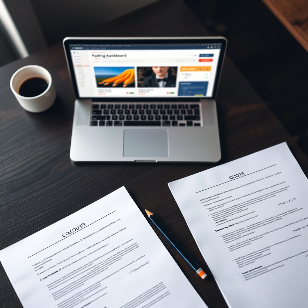Deux devis papier annotés côte à côte sur une table de bureau avec un ordinateur ouvert sur un gestionnaire de publicités