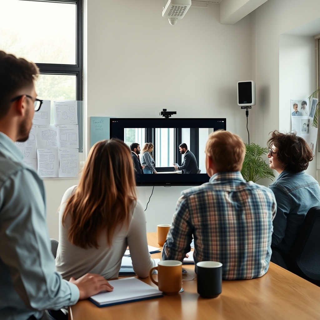 Équipe créative analysant les performances de variantes vidéo sur un écran