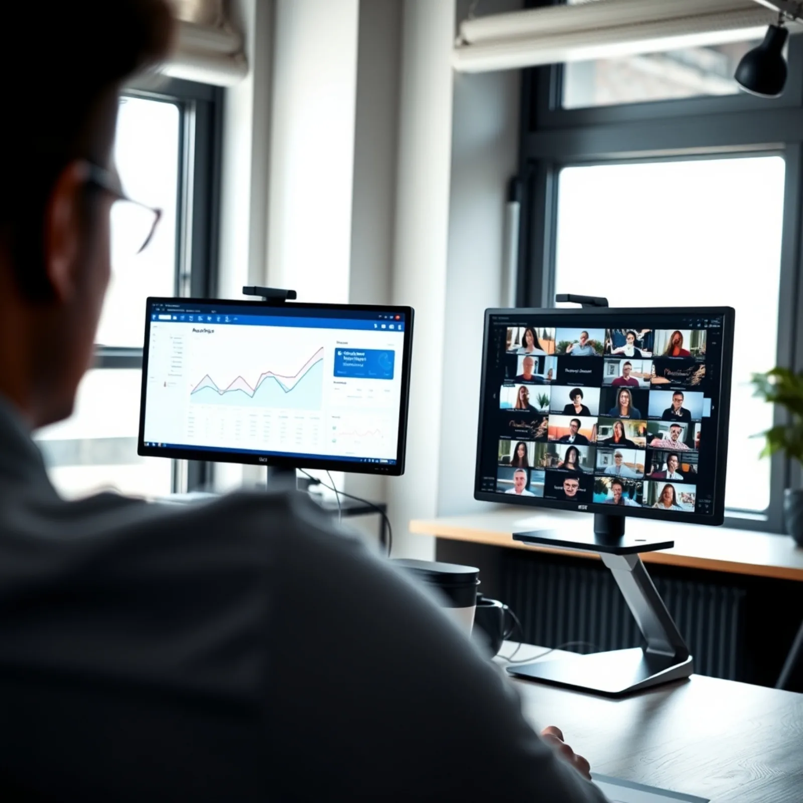 Creative strategist analysing ad creative performance on two screens in a studio