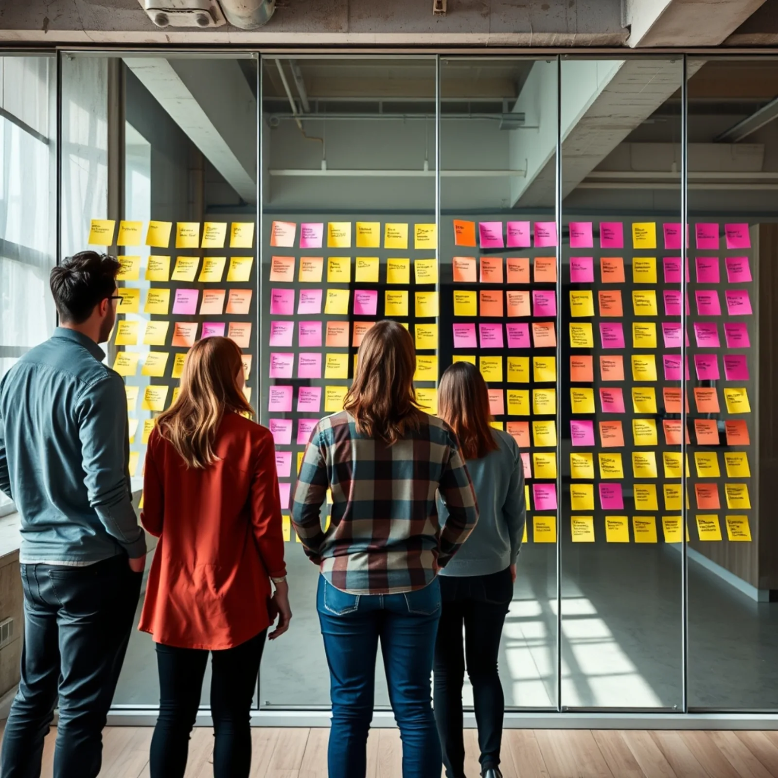Creative team in front of a wall of Post-its organising a backlog of advertising hypotheses