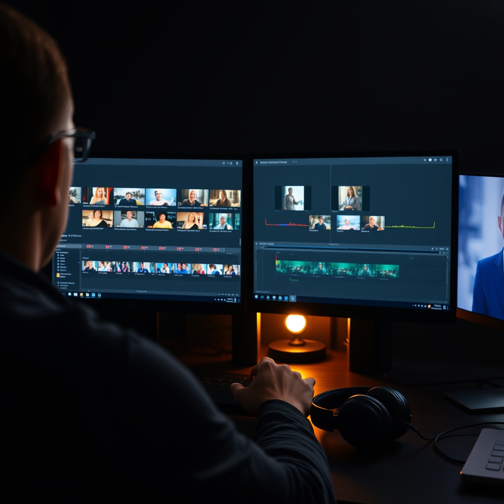 Monteuse travaillant sur une timeline vidéo verticale avec plusieurs variantes de premières secondes