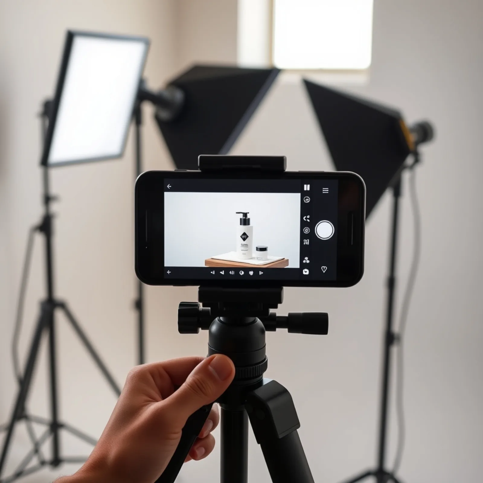 Tournage vertical en studio avec smartphone sur trépied et éclairage continu pour variantes de hook