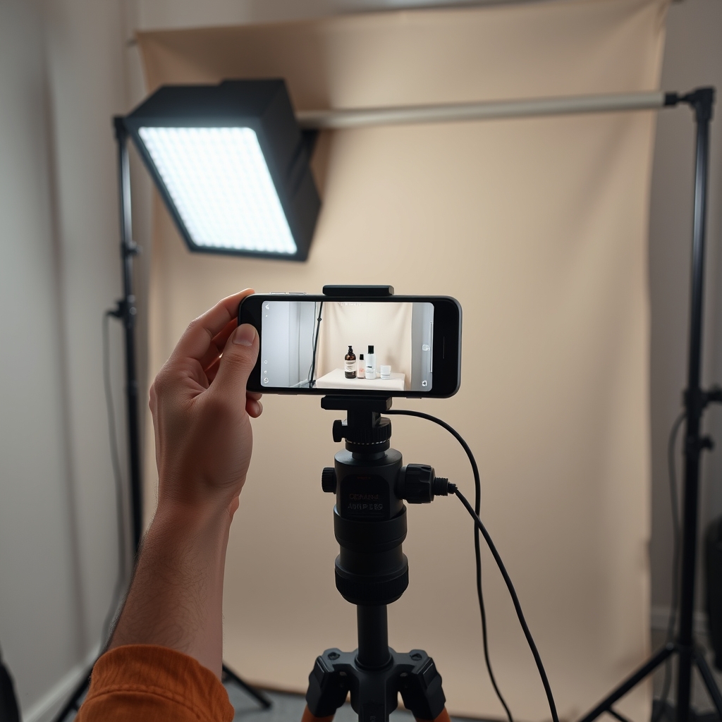Tournage vertical en studio avec smartphone sur trépied, éclairage LED et produit sur fond neutre